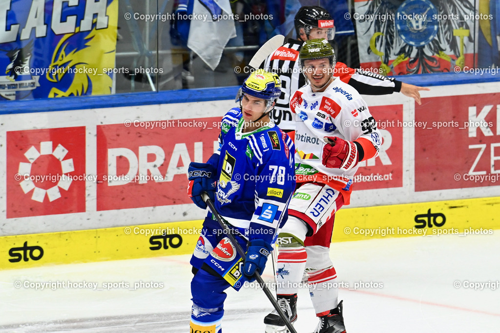 EC IDM Wärmepumpen VSV vs. HC Bozen 19.9.2023 | Piragic Trpimir Referee, #78 MAXA Felix,  #92 Thomas Christian, win2day icehockeyleague, EC IDM Wärmepumpen - HC Bozen  am 19.09.2023 in Villach (Stadhalle Villach), Austria, (Photo by Bernd Stefan)