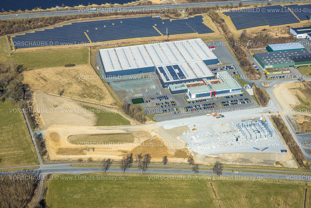 Meschede250304729 | Luftbild, Gewerbegebiet Enste mit Bürger-Solarpark an der Autobahn A46,  Enste, Meschede, Sauerland, Nordrhein-Westfalen, Deutschland