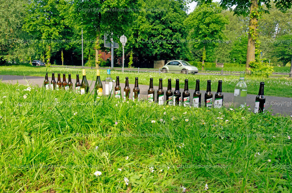 Bier- und Weinfreuden an einem christlichen Feiertag (Christi HImmelfahrt) | Im Grünen haben Feiernde am Vatertag Bier- und Weinflaschen zu einer menschlich wirkenden Schlange aufgestellt. Dies war auch ein Blickfang für vorbeikommende Autofahrer. - Realisiert mit Pictrs.com