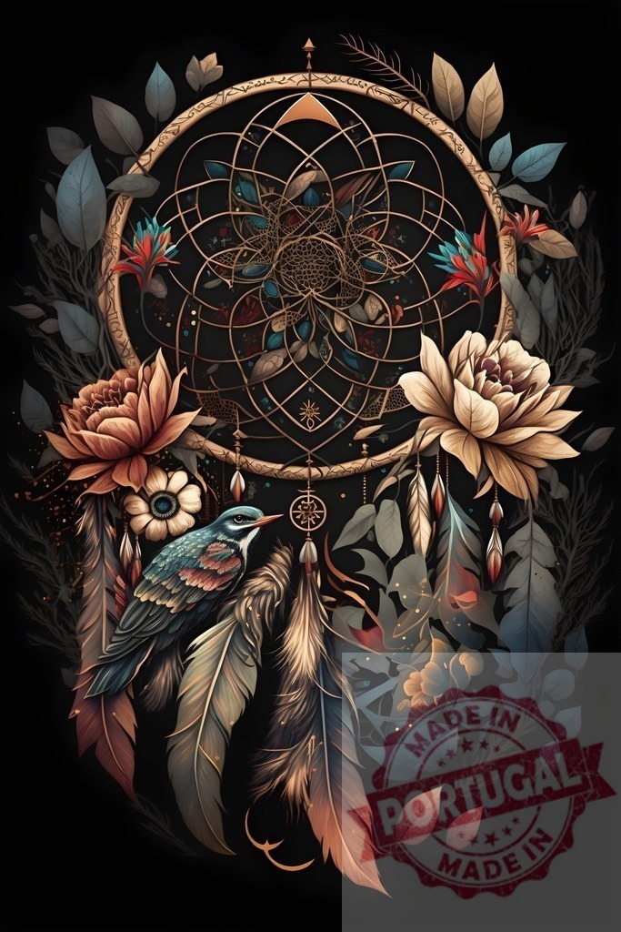 Dreamcatcher with bird feathers flowers on black background | Ornate dreamcatcher design featuring a detailed bird, feathers, and blooming flowers on a dark backdrop - Realized with Pictrs.com