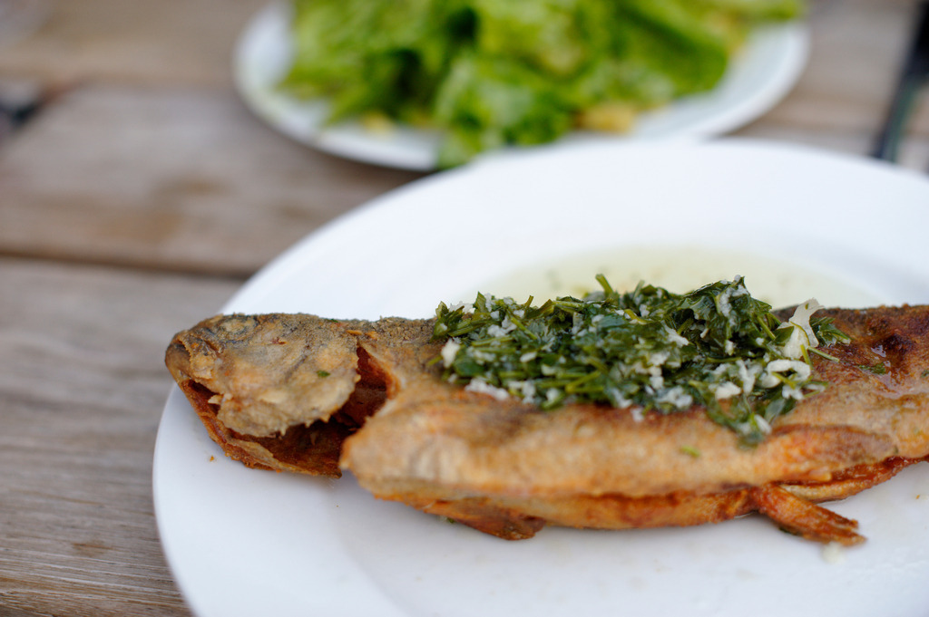 Forelle auf Teller | Großklein, Austria - August 25, 2012: Buschenschank Wölfl;  fertige Forelle auf dem Teller mit Salat. - Realisiert mit Pictrs.com