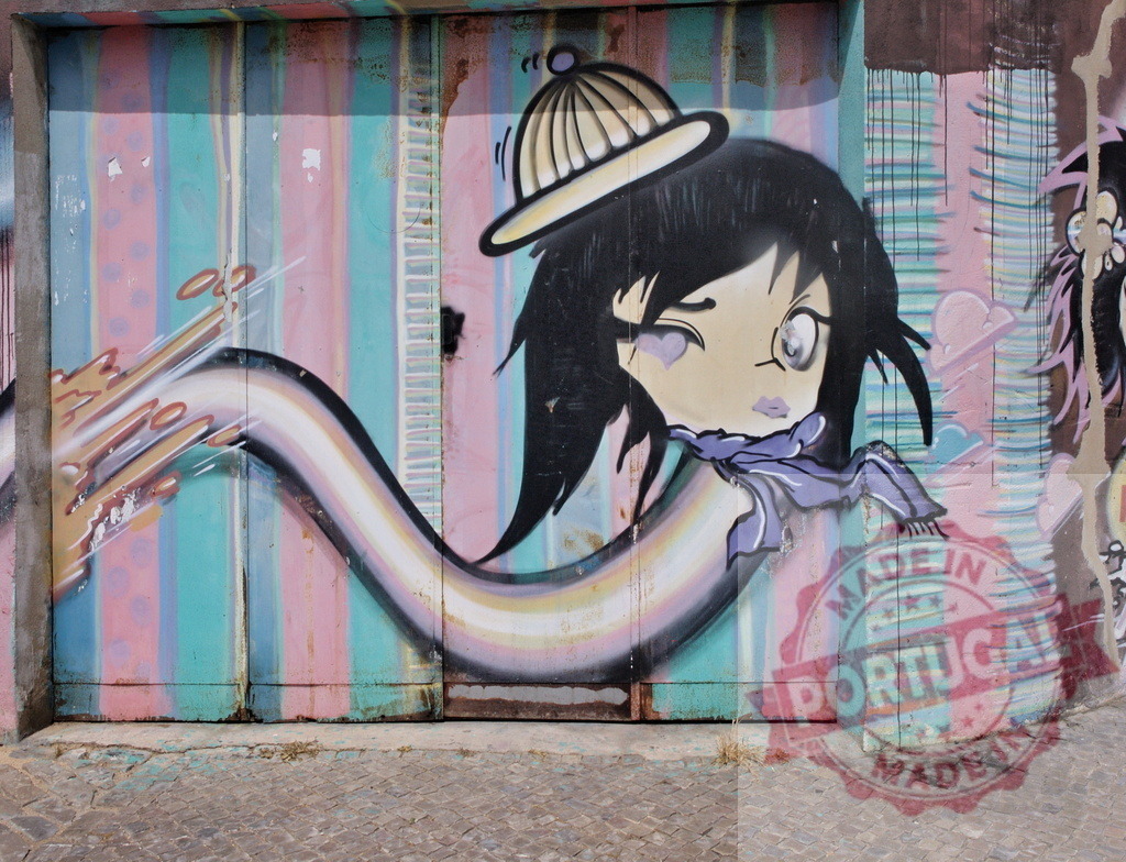 Anime style character graffiti with pastel urban mural | Cartoon character with a hat and scarf winking on a colorful street art wall - Realized with Pictrs.com