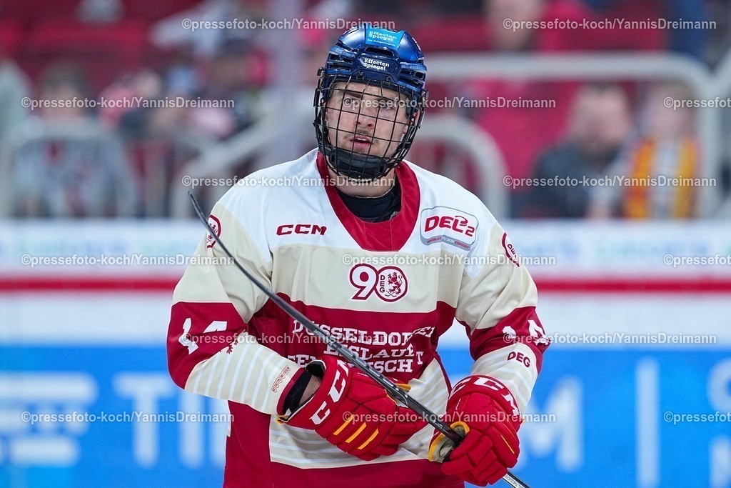 xYDR12102501064 | 12.10.2025, xydrx, Eishockey, DEL2, Düsseldorfer EG - Eispiraten Crimmitschau, PSD Bank Dome Düsseldorf: Kevin Marx Noren (Düsseldorfer EG #14)