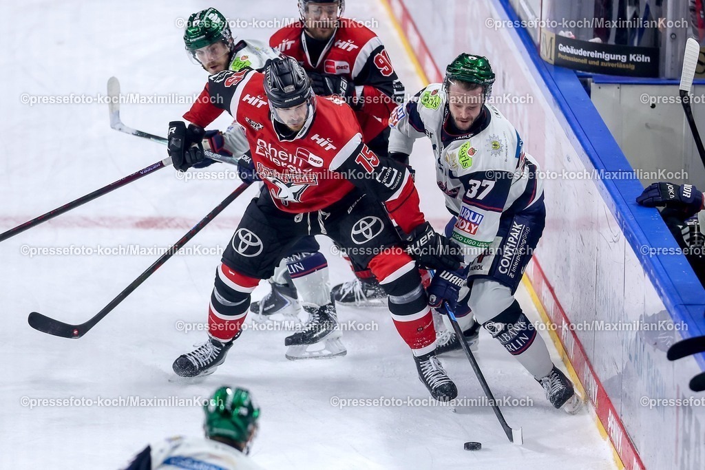 KEC15042601107 | 15.04.2026, Eishockey, DEL Halbfinale Play-Offs, Kölner Haie - Eisbären Berlin, Spiel 4, Lanxess-Arena Köln: Louis-Marc Aubry (Kölner Haie #15) im Zweikampf gegen  Markus Vikingstad (Eisbären Berlin #37) 