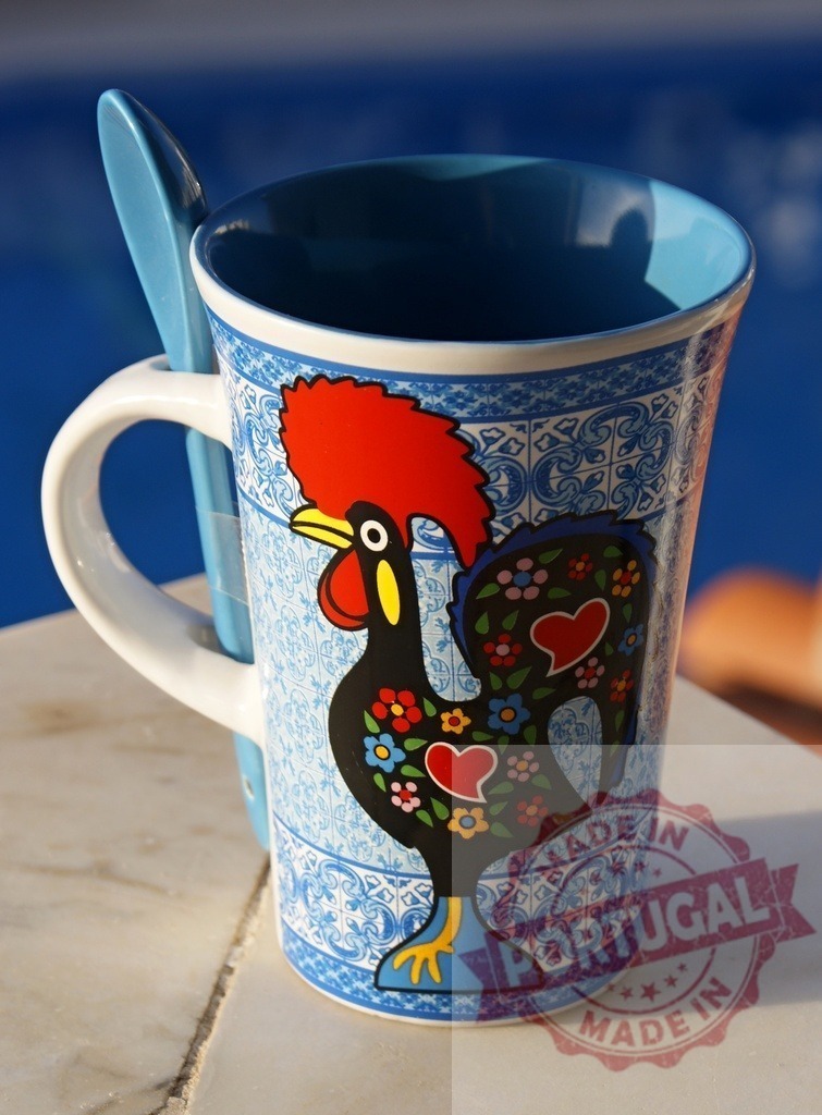 Rooster of Barcelos mug with spoon, Portuguese souvenir | Rooster of Barcelos mug, a ceramic souvenir representing Portuguese folk art - Realized with Pictrs.com
