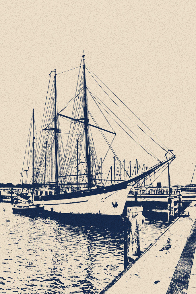 Photoart: Traditionssegler am Hafen in Eckernförde | Dieses Wandbild im Hochformat zeigt einen Traditionssegler im Hafen von Eckernförde. Beim genauen Hinsehen entdeckt man am Hafenrand eine spazierende Möwe. Die Idee bei diesem Bild war es die Farben auf ein Minimum zu reduzieren. Auf diese Weise kommt die Tagelage des Traditionsseglers gut zur Geltung. Die dunklen Bereiche des Bildes sind dunkelblau und die hellen Bereiche sind beige. Insgesamt hat das Bild eine grobe Körnung.  - Realisiert mit Pictrs.com