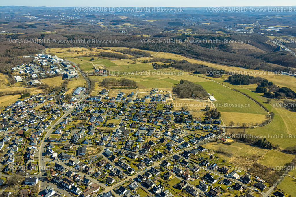 Wenden250307316Huensborn | Luftbild, Wohngebiet Neubau Einfamilienhaus Wohnsiedlung Über der Delle mit Kita GFO Kindergarten St. Anna Hünsborn, Hünsborn, Wenden, Sauerland, Nordrhein-Westfalen, Deutschland