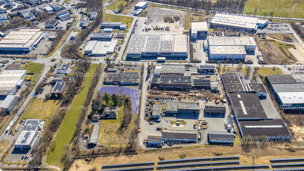 Meschede250304753 | Luftbild, Gewerbegebiet Enste mit Bürger-Solarpark an der Autobahn A46,  Enste, Meschede, Sauerland, Nordrhein-Westfalen, Deutschland