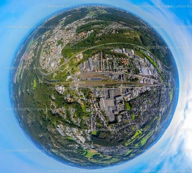 Arnsberg230990210NeheimBahnhof | Luftbild, Bahnhof Arnsberg-Neheim-Hüsten, Autobahn A46, Erdkugel, Fisheye Aufnahme, Fischaugen Aufnahme, 360 Grad Aufnahme, tiny world, Hüsten, Arnsberg, Sauerland, Nordrhein-Westfalen, Deutschland