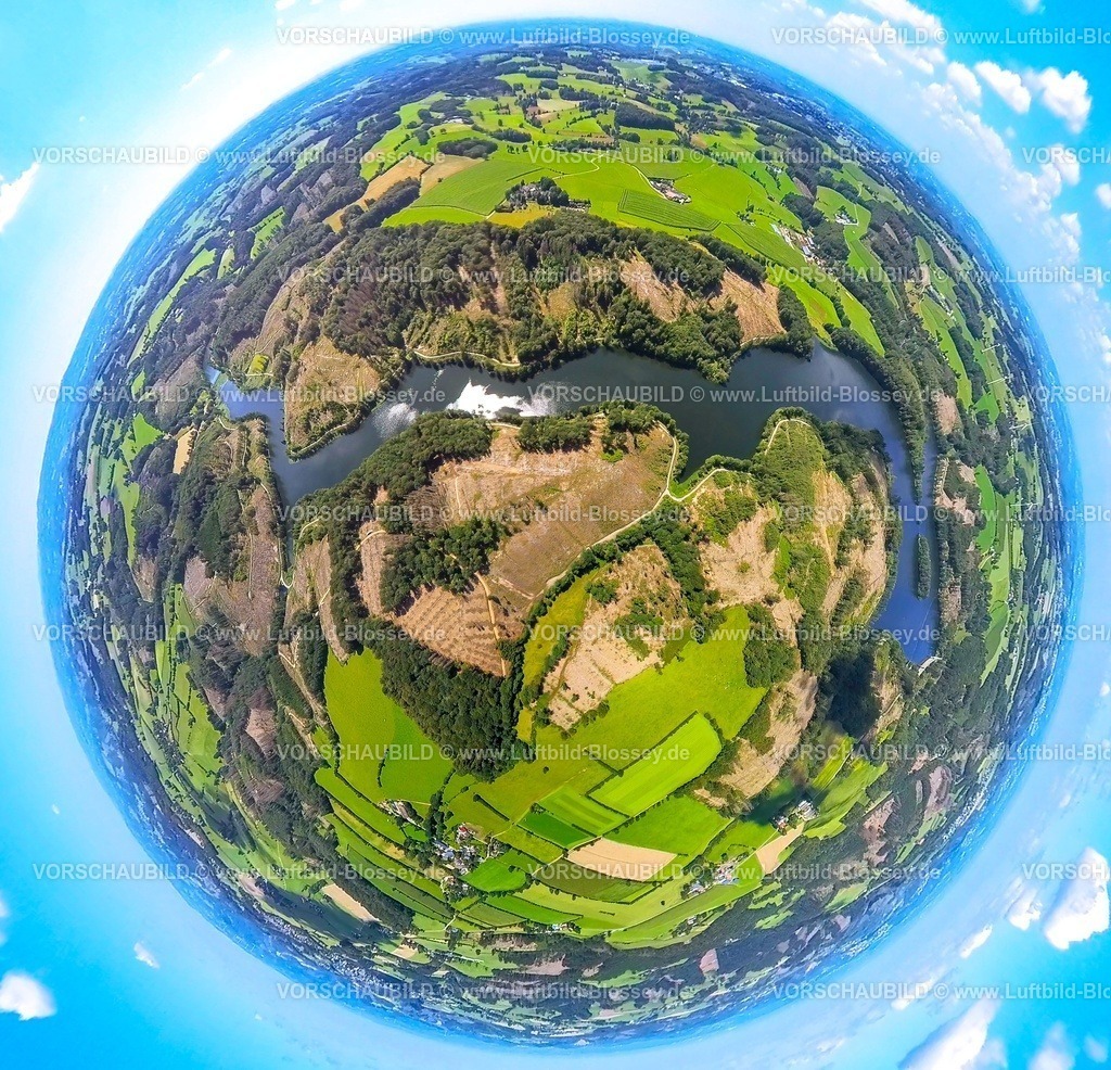 Ennepetal230890037 Ennepetalsperre | Luftbild, Ennepetalsperre, Wiesen und Felder, Erdkugel, Fisheye Aufnahme, Fischaugen Aufnahme, 360 Grad Aufnahme, Boßel, Breckerfeld, Ruhrgebiet, Nordrhein-Westfalen, Deutschland