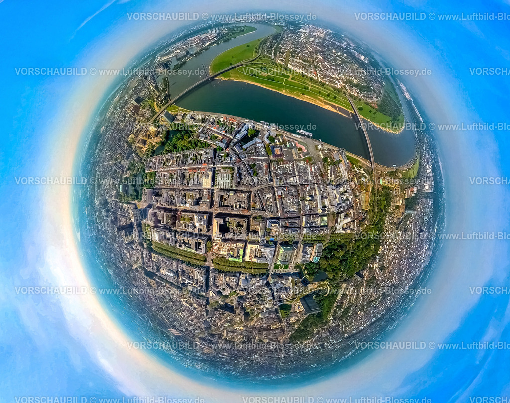 Duesseldorf240590068Altstadt_Hofgarten_Koe-Bogen | Luftbild, Düsseldorfer Altstadt am Fluss Rhein, Hofgarten Park Grüne Lunge und Kö-Bogen Gebäudekomplex, Erdkugel, Fisheye Aufnahme, Fischaugen Aufnahme, 360 Grad Aufnahme, tiny world, little planet, fisheye Bild, Pempelfort, Düsseldorf, Nordrhein-Westfalen, Deutschland