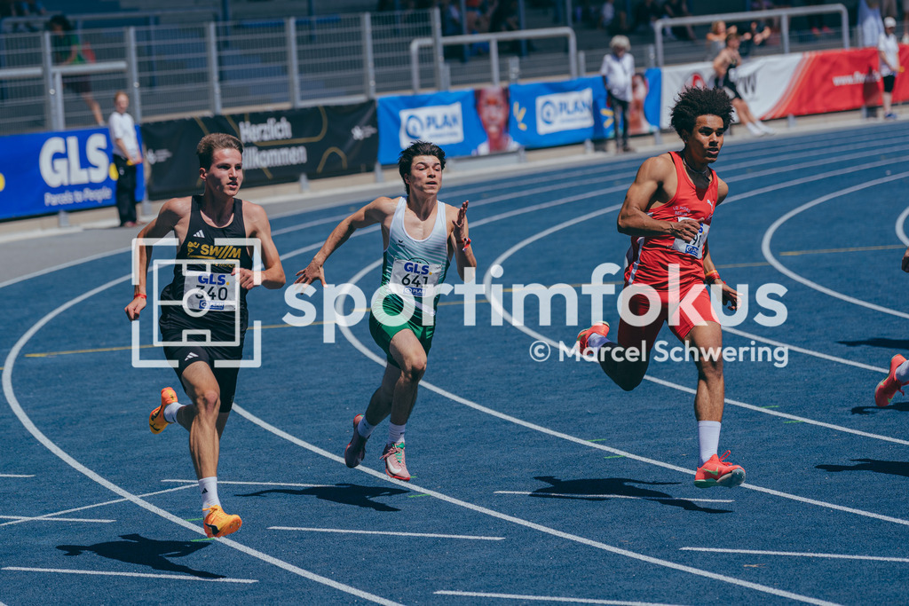 Deutsche Meisterschaften U20 / U16 2026 | Florian Hiller, LG Stadtwerke München, 340, Rayen Braham, HNT Hamburg, 641, Chayan Castro Garcia, LG Nord Berlin, 198, 200-Meter-Lauf, Halbfinale, Deutsche Meisterschaften der U20 &amp; U16 2026, Lohrheidestadion Bochum-Wattenscheid, 12.07.2026. Foto: Marcel Schwering / sportimfokus - Realisiert mit Pictrs.com