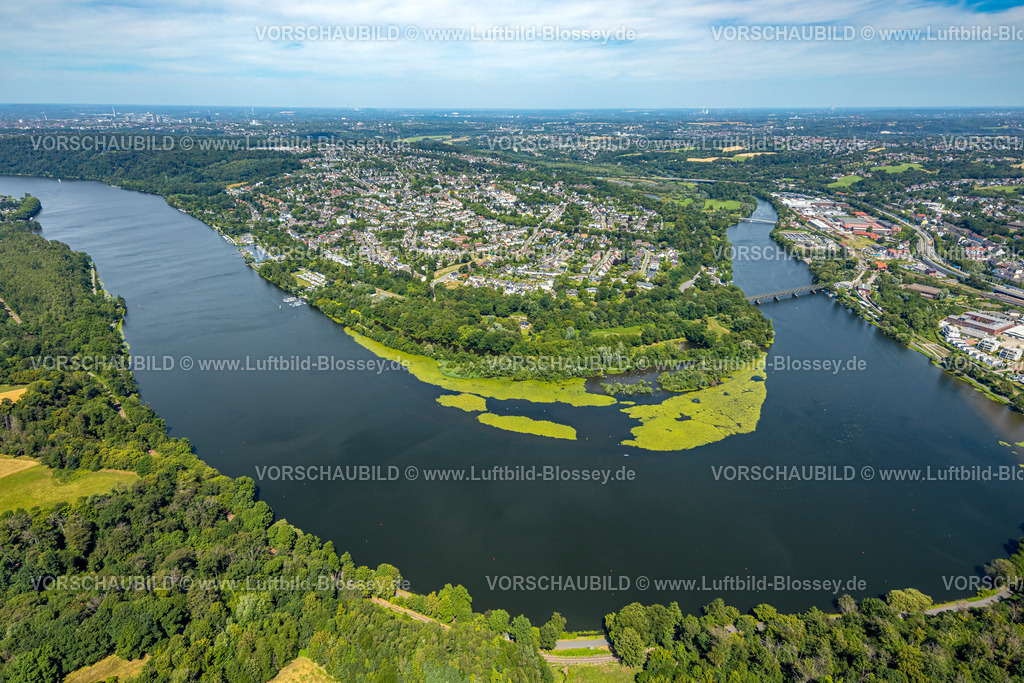 Essen230708143 | Luftbild, Ruhrschleife Heisinger Bogen, Vogelschutzgebiet, Ortsansicht Heisingen, Essen, Ruhrgebiet, Nordrhein-Westfalen, Deutschland