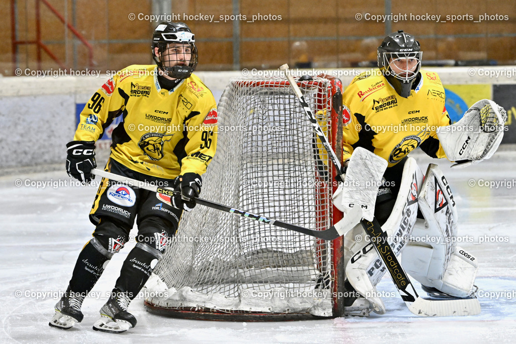 EC MET PHOTOVOLTAIK HORNETS SPITTAL vs. EHC Althofen  | #96 Peharz Joshua EC Hornets Spittal, #1 Zauchner Rene EC Hornets Spittal, EC MET PHOTOVOLTAIK HORNETS SPITTAL vs. EHC Althofen , EC MET PHOTOVOLTAIK HORNETS SPITTAL vs. EHC Althofen  am 25.01.2025 in Villach (Stadthalle Villach), Austria, (Photo by Bernd Stefan)