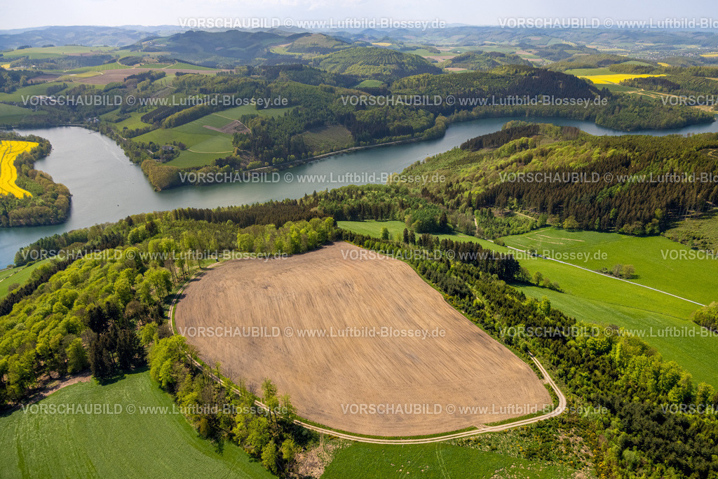 Meschede240505809 | Luftbild, Hennesee, Wiesen und Felder und waldreiche Naturlandschaft, Berghausen, Meschede, Sauerland, Nordrhein-Westfalen, Deutschland