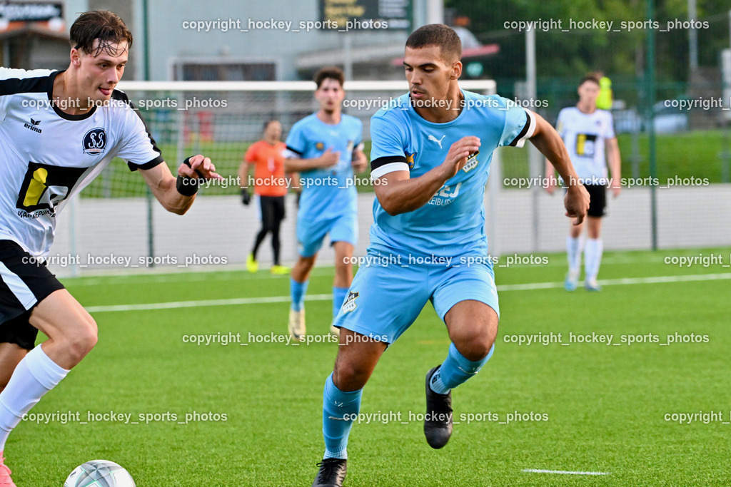 SV Spittal vs. SVG Bleiburg | #6 Tristan Brükk SV Spittal, #12 Lazar Gacic SVG Bleiburg, SV Spittal vs. SVG Bleiburg, SV Spittal vs. SVG Bleiburg am 14.08.2024 in Spittal an der Drau (Goldeck Stadion), Austria, (Photo by Bernd Stefan)