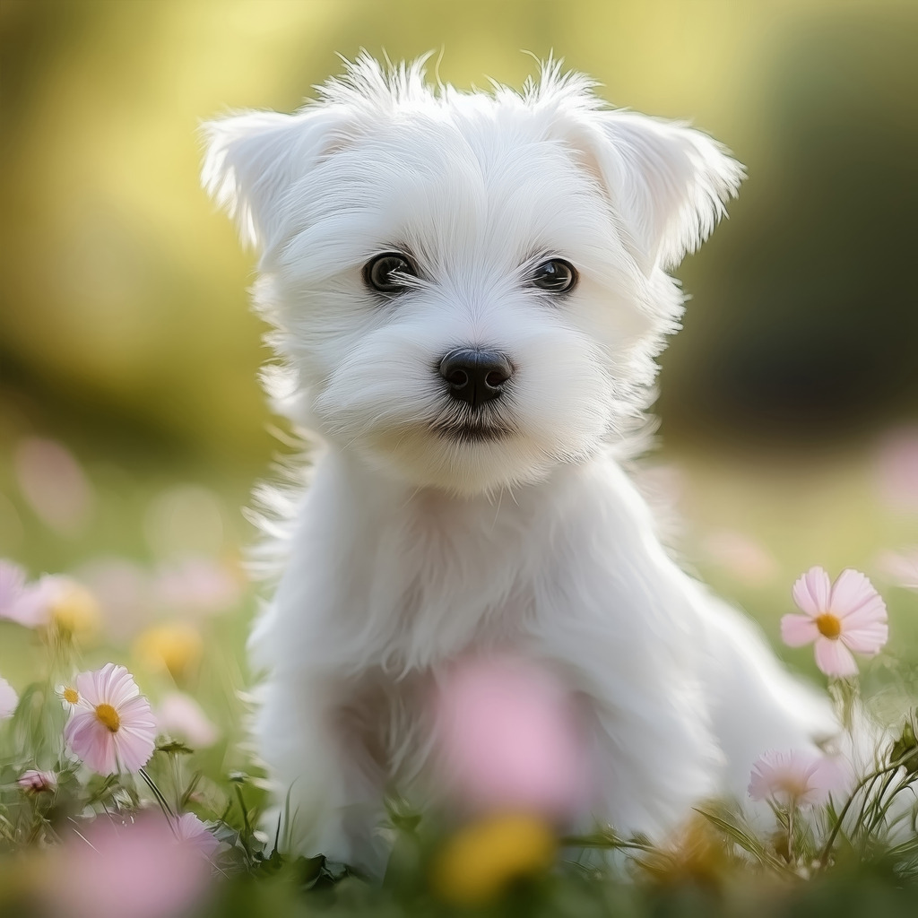 2410005 - Westie Welpe | Fotorealistisches Motiv eines Westie Welpen auf einer Blumenwiese.