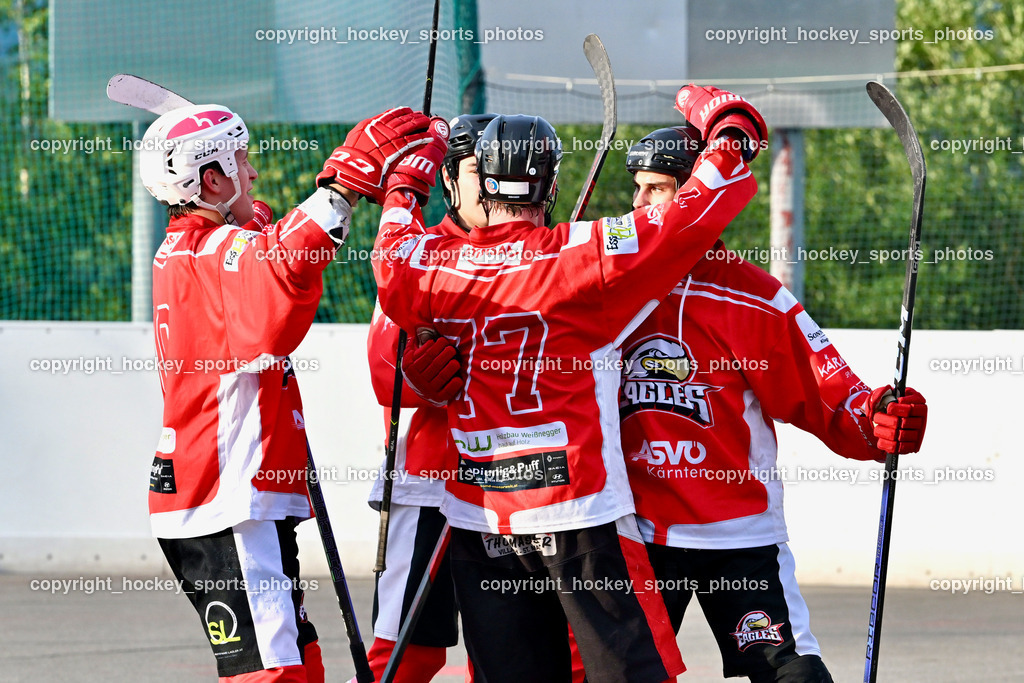 VAS Ballhockey vs. HSC Eagles Poggersdorf | Jubel HSC Poggersdorf Mannschaft, #10 Sunitsch Marco, #4 Kramer Marco, #77 Schumnig Stefan, #47 Witting Marcel, VAS Ballhockey vs. HSC Eagles Poggersdorf, VAS Ballhockey vs. HSC Eagles Poggersdorf am 14.07.2024 in Villach (Alpen Arena ), Austria, (Photo by Bernd Stefan)