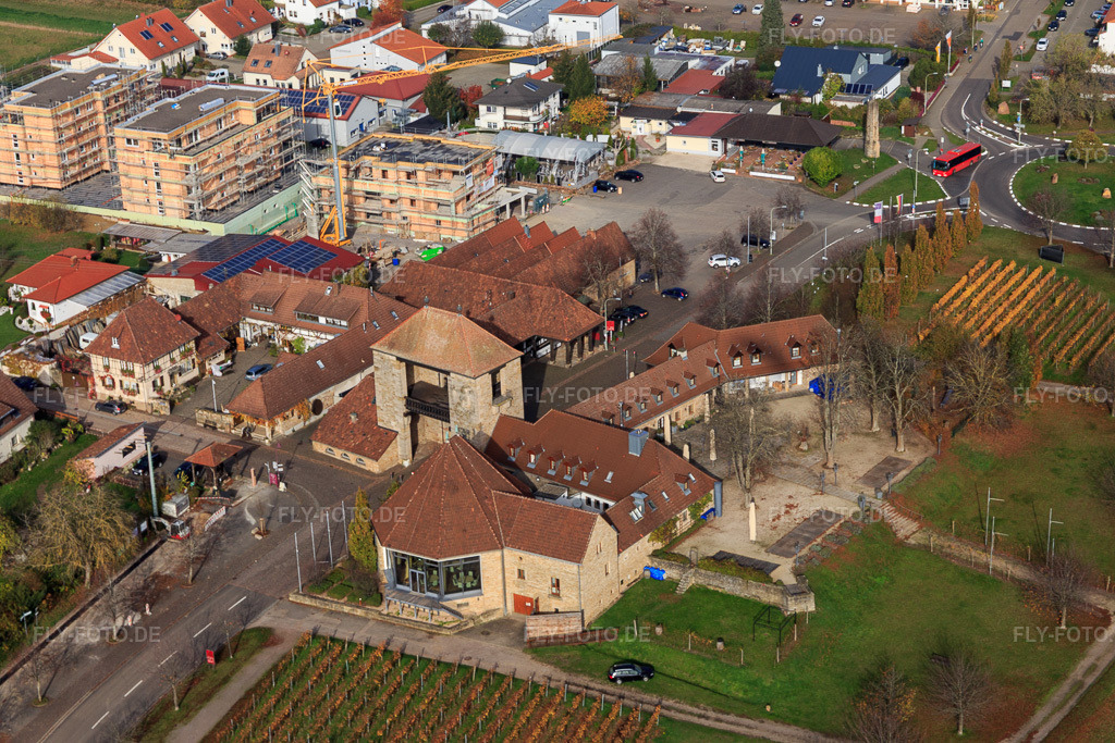 Luftbild: Deutsches Weintor, Beginn der Weinstraße an herbstlich gefärbten Weinbergen im Ortsteil Schweigen in Schweigen-Rechtenbach im Bundesland Rheinland-Pfalz in Deutschland. Foto: IMG_123813.jpg vom 07.11.2020 durch Werner Riehm/FLY-FOTO.de