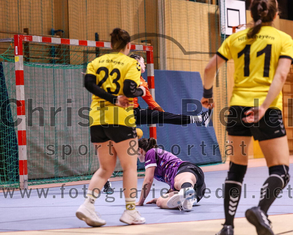 2025-01-11_098_SpVgg_Altenerding_gegen_HF_Scheyern | Erding, Deutschland, 11.01.2025:Handball, Bezirksoberliga Frauen Altbayern 2024 / 2024, 10. Spieltag, SpVgg Altenerding gegen HF Scheyern, Endergebnis: 20:23Karolin Kollmar (HF Scheyern, #16), Janina Konrad (SpVgg Altenerding, #2)Foto: Christian Riedel / fotografie-riedel.net