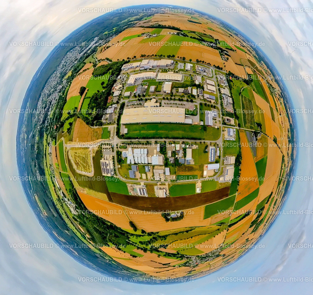 Warstein240790081GewerbegebietBelecke | Luftbild, Gewerbegebiet Industriepark Belecke, umgeben von kachelförmigen Strukturen Wiesen und Felder, Erdkugel, Fisheye Aufnahme, Fischaugen Aufnahme, 360 Grad Aufnahme, tiny world, little planet, fisheye Bild, Belecke, Warstein, Soester Börde, Nordrhein-Westfalen, Deutschland