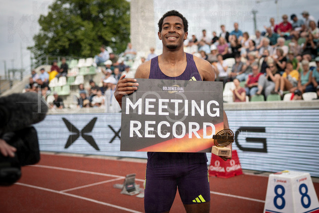 Golden Oval; Dresden, 31.05.2026 | DRESDEN , GERMANY - MAY 31:  Emil Agyekum (GER / Germany) with a new meeting record after the 400m hurdles  during the Golden Oval Continental Tour Silver meeting on May 31, 2026 at Heinz-Steyer-Stadion in Dresden, Saxony, Germany.