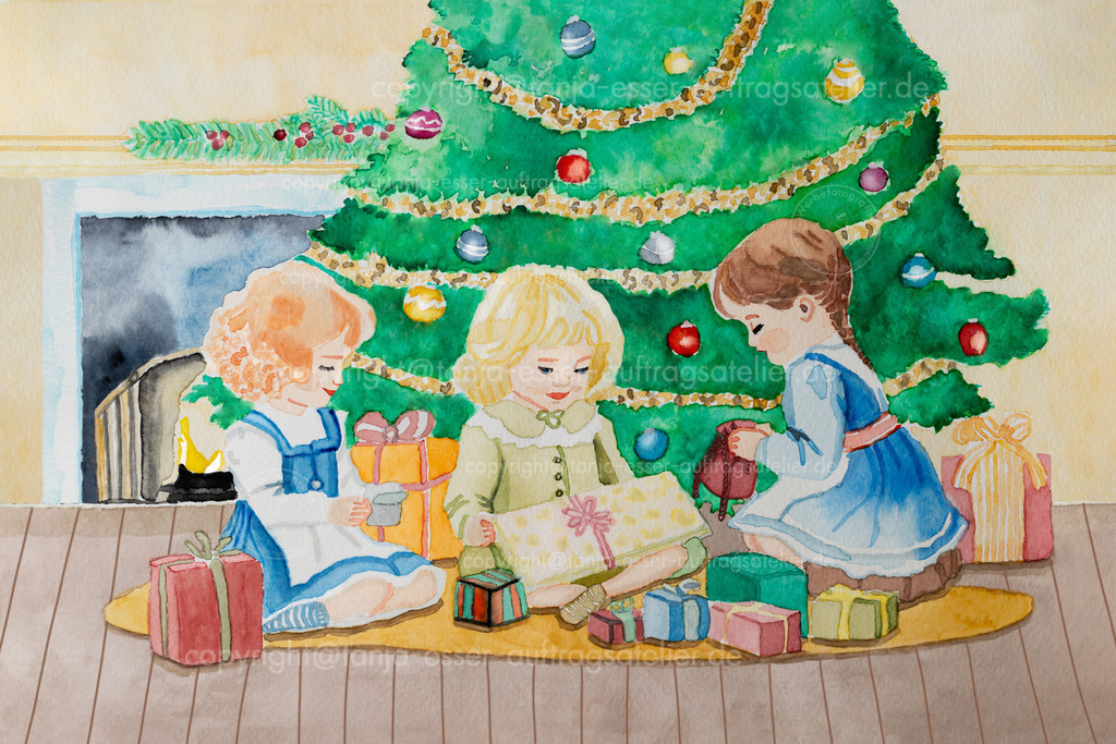 Aquarell Kinder Weihnachtsbaum D | Handgemalte schöne Aquarell Malerei im Vintage Style zeigt 3 Kinder vor einem Weihnachtsbaum im Wohnzimmer. Die Kinder tragen Kleidung und Frisuren der 30er Jahre. Sie sitzen auf dem Boden und freuen sich über Weihnachtsgeschenke.