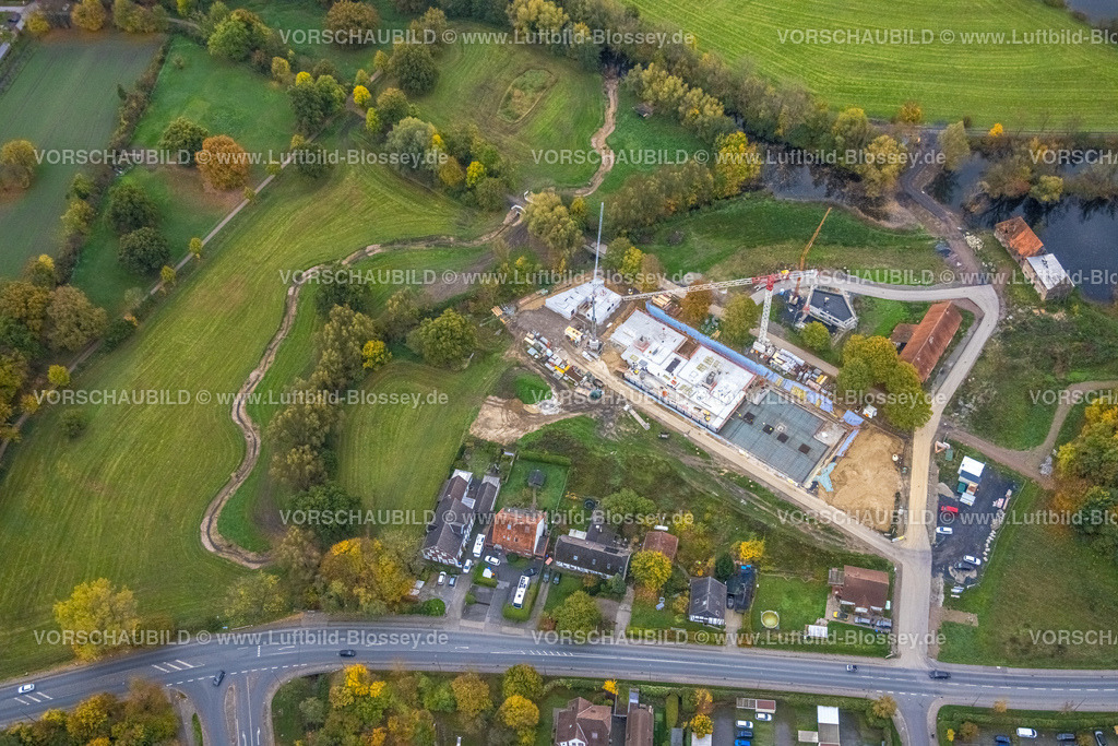 Hamm221011797 | Luftbild, Baustelle und Neubau, Schlossmühle am Mühlengraben und Mühlenteich, Heessen, Hamm, Ruhrgebiet, Nordrhein-Westfalen, Deutschland