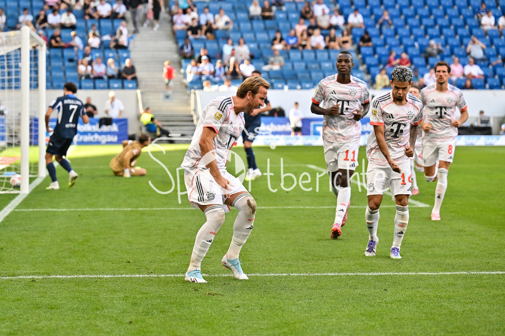 TSG 1899 Hoffenheim - FC Bayern München | Jubel der Bayern nach dem Treffer zum 0-2 durch Harry KANE (FC Bayern Muenchen 9) / Elfmeter / Tor / Torschuetze / Freude / Happy / Bundesliga: TSG 1899 Hoffenheim - FC Bayern München; PreZero-Arena am 20.09.2025 / DFL REGULATIONS PROHIBIT ANY USE OF PHOTOGRAPHS AS IMAGE SEQUENCES AND/OR QUASI-VIDEO