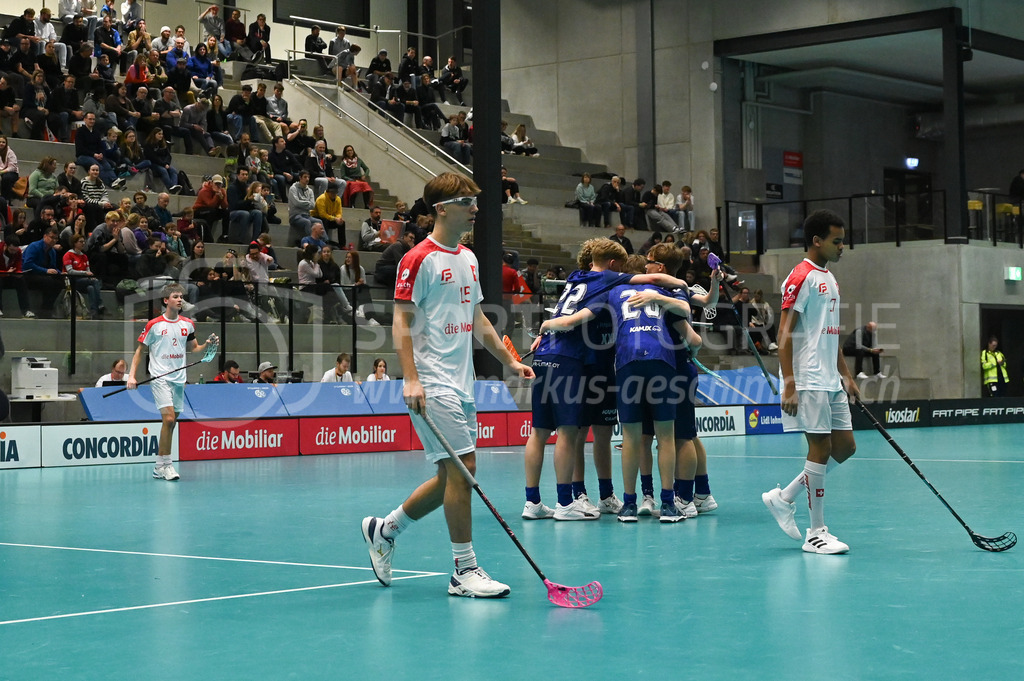 Switzerland U19 vs Finland U19 - 3. February 2024 | Switzerland U19 vs Finland U19
U19 Men International Matches in Switzerland
GoEasy Arena, Siggenthal Station
Finland celebrates a goal.
Credit: Markus Aeschimann | <a href="https://www.markus-aeschimann.ch">Sportfotografie Markus Aeschimann</a> | <a href="https://www.instagram.com/sportfotografie.aeschimann">@sportfotografie.aeschimann</a> - Realisiert mit Pictrs.com