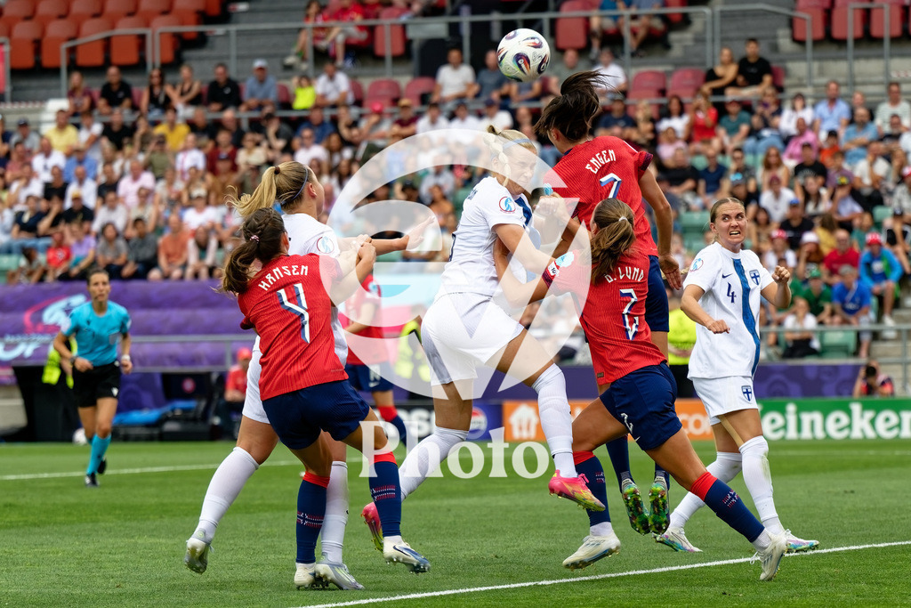 Norway v Finland - UEFA Women's EURO 2025 Group A | SION, SWITZERLAND - JULY 6: Eva Nystrom of Finland (L) and Ingrid Engen of Norway (R) heads the ball and fight for possession  during the UEFA Womens EURO 2025 Group A match between Norway and Finland at Stade de Tourbillon on July 6, 2025 in Sion, Switzerland. (Photo by Giuseppe Velletri/Sports Press Photo/Getty Images)