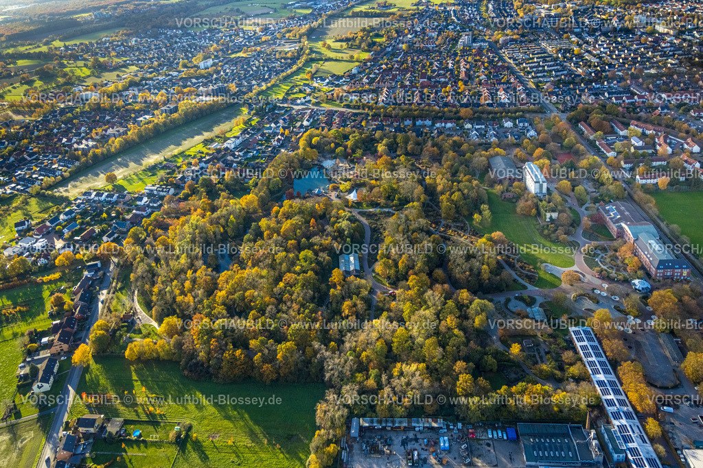 Hamm231101766 | Luftbild, Maximilianpark mit See, Wohngebiet umgeben von herbstlichen Laubbäumen, Uentrop, Hamm, Ruhrgebiet, Nordrhein-Westfalen, Deutschland
