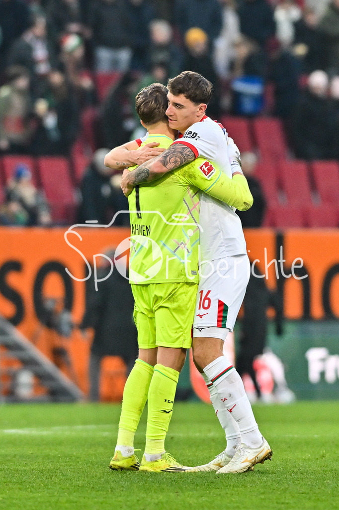 FC Augsburg - 1. FC Heidenheim | AUGSBURG, GERMANY - 15. FEBRUARY: die Augsburger Finn DAHMEN (FC Augsburg 1) und Cedric ZESIGER (FC Augsburg 16) freuen sich über den Heimsieg gegen Heidenheim nach dem Bundesligamatch zwischen dem FC Augsburg und dem 1. FC Heidenheim am 22. Spieltag in der WWK-Arena / DFL REGULATIONS PROHIBIT ANY USE OF PHOTOGRAPHS AS IMAGE SEQUENCES AND/OR QUASI-VIDEO