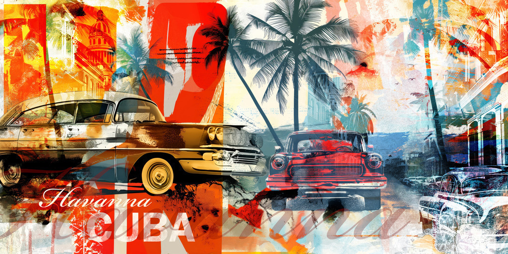 2407053 - Cuba Collage | Moderne Collage mit Motiven von typisch kubanischen Oldtimern.Bestellen Sie dieses Motiv als hochwertigen Kunstdruck z.B. auf Leinwand oder hinter Acrylglas. Für Preise, Größen- und Materialauswahl klicken Sie bitte auf "Bestellen.