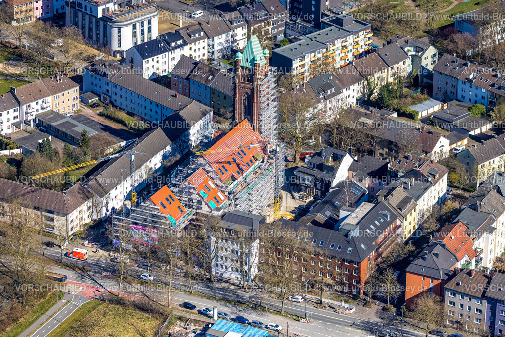 Bochum250301565 | Luftbild, Arnoldstraße Antonius-Quartier, Kirchenumbau wird zum Wohnraum, Baustelle mit Baugerüst, Kruppwerke, Bochum, Ruhrgebiet, Nordrhein-Westfalen, Deutschland