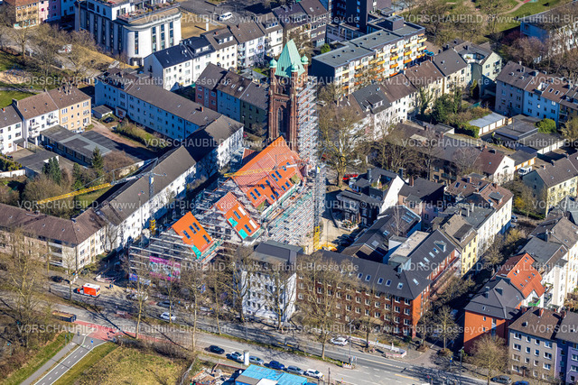 Bochum250301565 | Luftbild, Arnoldstraße Antonius-Quartier, Kirchenumbau wird zum Wohnraum, Baustelle mit Baugerüst, Kruppwerke, Bochum, Ruhrgebiet, Nordrhein-Westfalen, Deutschland