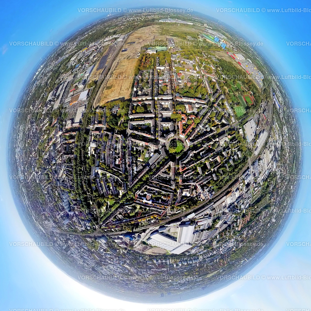 Dortmund221006_16Borsigplatz | Luftbild, Kreisrunder Borsigplatz, historische und sportliche Bedeutung des BVB 09, Wohnquartier Borsigplatz, Westfalenhütte Gewerbegebiet, Fisheye Aufnahme, Fischaugen Aufnahme, 360 Grad Aufnahme, Borsigplatz, Dortmund, Ruhrgebiet, Nordrhein-Westfalen, Deutschland