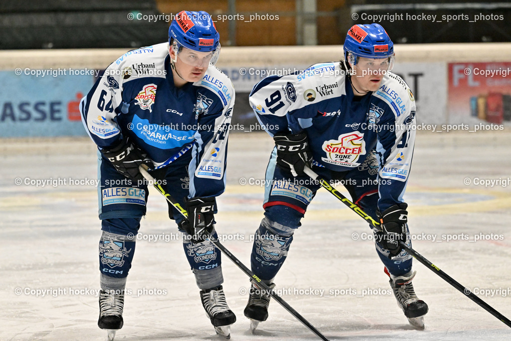 EC Hornets Spittal vs. ESC Steindorf 23.2.2024 | #64 Stichauner Fabian ESC Steindorf, #91 Kravania Kristian ESC Steindorf, EC Hornets Spittal vs. ESC Steindorf 23.2.2024, EC Hornets Spittal vs. ESC Steindorf 23.2.2024 am 23.02.2024 in Spittal an der Drau (Eissportzentrum Spittal), Austria, (Photo by Bernd Stefan)