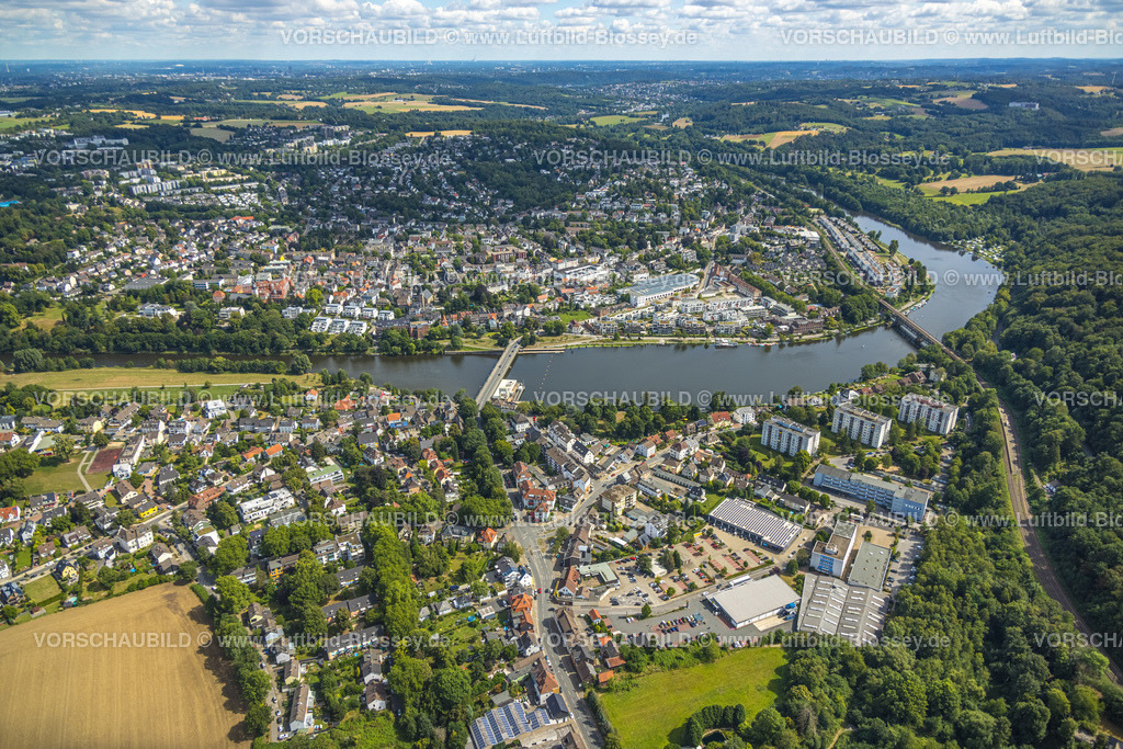 Essen220802818Kettwig | Luftbild, Ansicht Ortsteil Kettwig, Ruhrbogen Kettwig, Wohngebiet am Kettwiger Ruhrbogen, Fluss Ruhr mit Eisenbahnbrücke, HochhÃƒÂ¤user Werdener Straße, Innogy Metering Gmbh, Aldi Supermarkt mit Solardach, Kettwig, Essen, Ruhrgebiet, Nordrhein-Westfalen, Deutschland