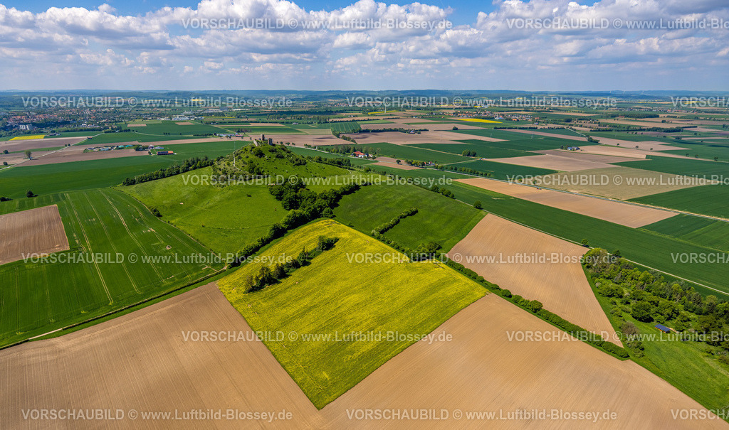 Warburg240504975BurgDesenberg | Luftbild, Burg Desenberg auf einem Vulkankegel, historische Sehenswürdigkeit, Ruine einer Höhenburg in der Warburger Börde, kachelförmige Wiesen und Felder mit Fernsicht, Daseburg, Warburg, Ostwestfalen, Nordrhein-Westfalen, Deutschland