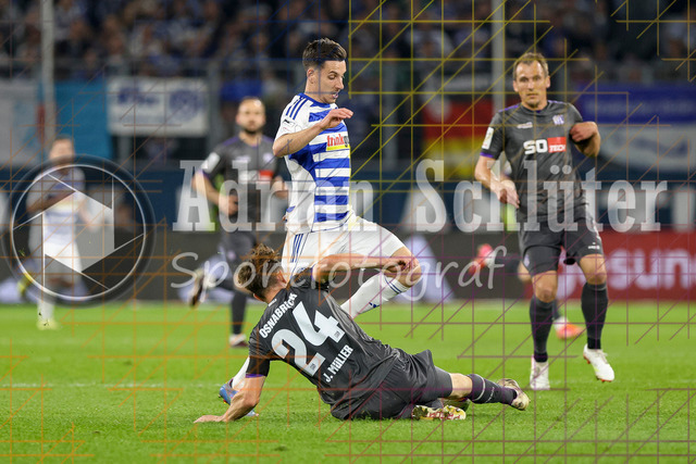 07.04.2026, GER, Fussball, Herren, 3. Liga, Saison 2025/2026, MSV Duisburg - VfL Osnabrück | Conor Noß (MSV Duisburg) und Jannik Müller (Osnabrück) im Kampf um den Ball 