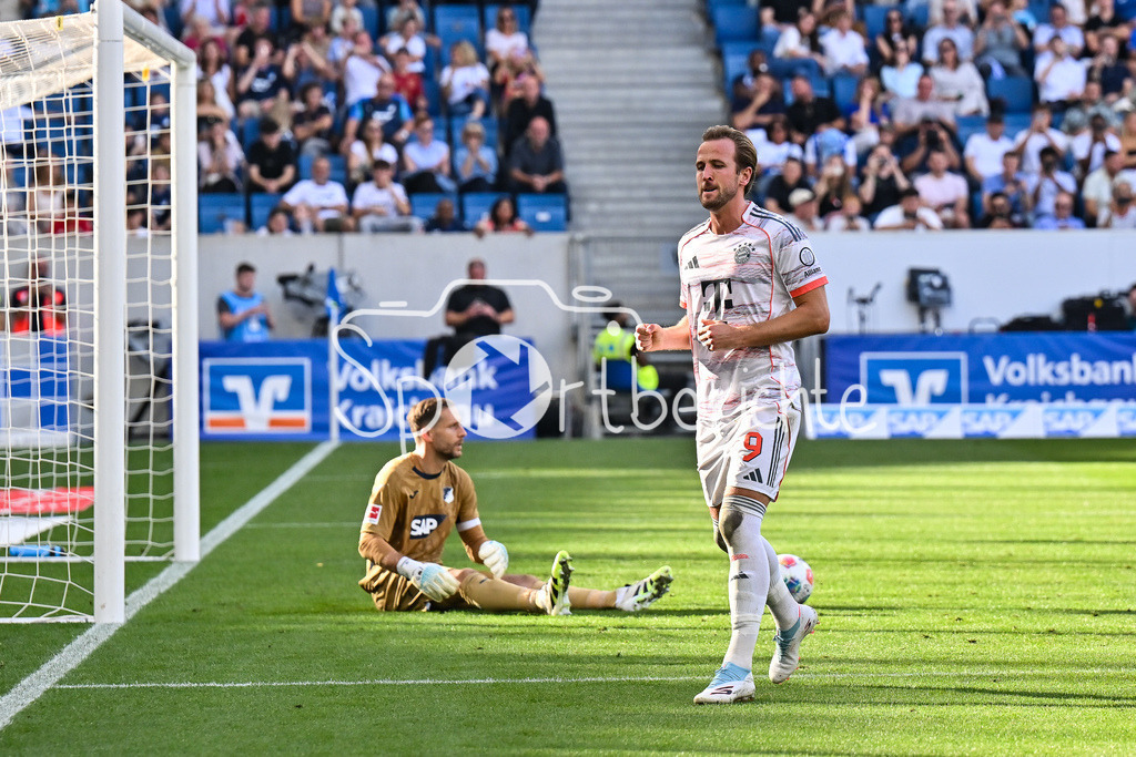 TSG 1899 Hoffenheim - FC Bayern München | Jubel der Bayern nach dem Treffer zum 0-3 durch Harry KANE (FC Bayern Muenchen 9) / Elfmeter / Tor / Torschuetze / Freude / Happy / Bundesliga: TSG 1899 Hoffenheim - FC Bayern München; PreZero-Arena am 20.09.2025 / DFL REGULATIONS PROHIBIT ANY USE OF PHOTOGRAPHS AS IMAGE SEQUENCES AND/OR QUASI-VIDEO