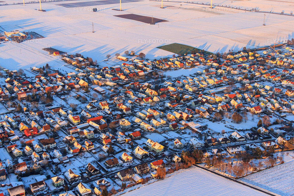 Luftbild: Eichstraße im Winter bei Schnee in Minfeld im Bundesland Rheinland-Pfalz in Deutschland. Foto: IMG_54778.jpg vom 08.12.2012 durch Werner Riehm/FLY-FOTO.de