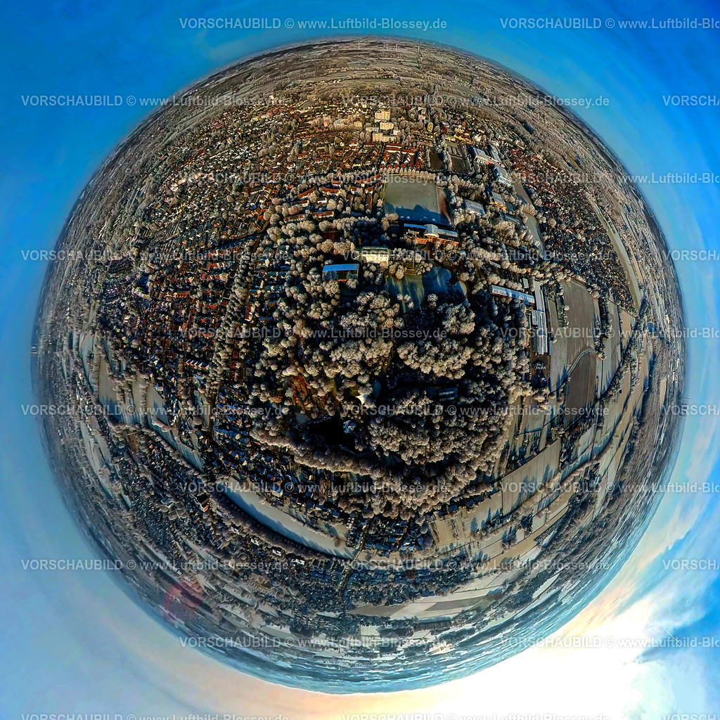 Hamm221290028MaxiParkWerries | Luftbild von Hamm im Schnee, winterlicher Maximilianpark, fisheye, Fisheye Aufnahme, Fischaugen Aufnahme, 360 Grad Aufnahme, Uentrop, Hamm, Ruhrgebiet, Nordrhein-Westfalen, Deutschland