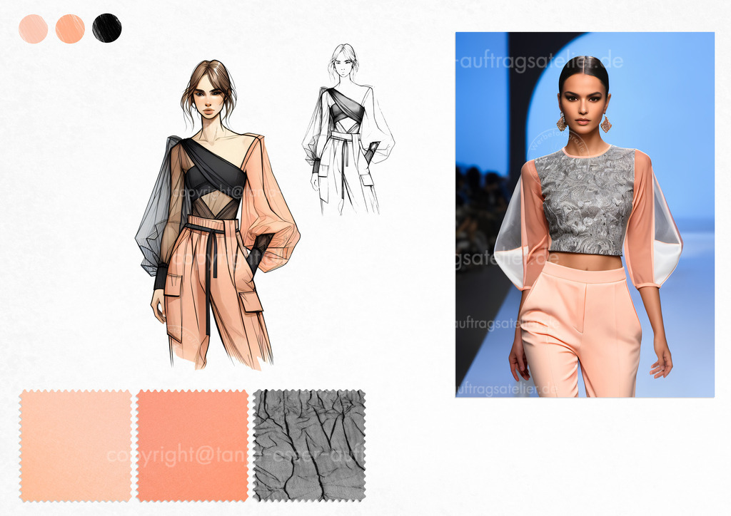 MoodboarE | Ein von einer KI entworfenes Moodboard für eine Modelinie mit Mustern, Skizzen und Laufstegfotos. Die Outfits umfassen aktuelle Modethemen wie Transparenz, bauchfrei, hohe Taille und die Farbe Peach Fuzz.