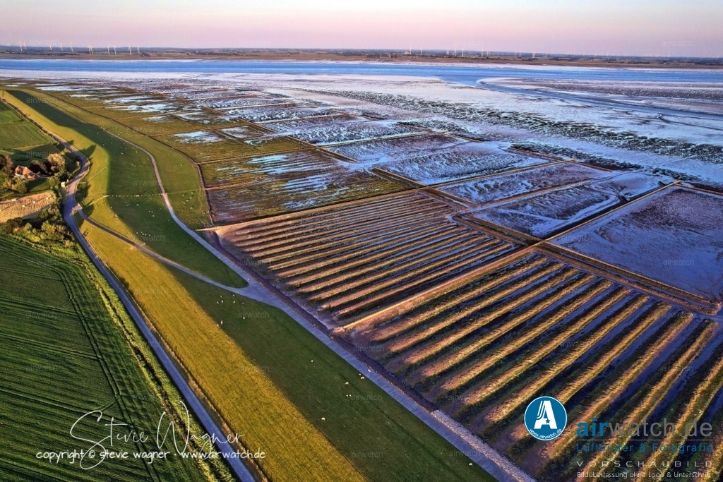 Luftbild Nordstrand, LangerDeich, Dreisprung, Püttenweg, Trendermarsch, Husumer Bucht | Luftbild Nordstrand, LangerDeich, Dreisprung, Püttenweg, Trendermarsch, Husumer Bucht - Das gewonnene Land dient vor allem der Landwirtschaft, insbesondere der Viehzucht und Grünlandwirtschaft. Gleichzeitig steht der Deichbau im Spannungsfeld zwischen Mensch und Natur: Während die Landgewinnung Lebensraum sicherte, beeinträchtigte sie auch empfindliche Ökosysteme des Wattenmeers, das heute als UNESCO-Weltnaturerbe geschützt ist.