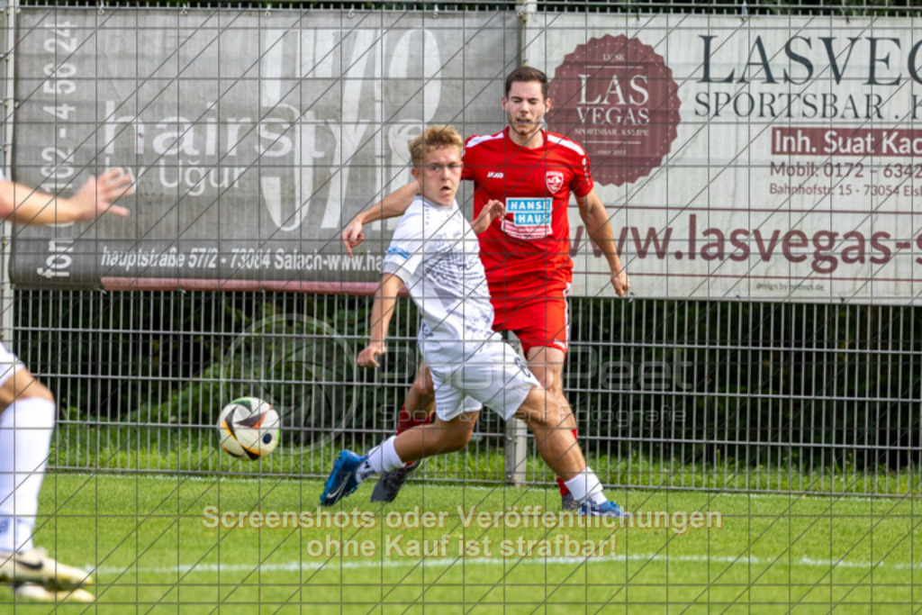 20250831_153446_0586 | #,TSG Salach (weiß) vs. SV Ebersbach (rot), Fußball, Bezirksliga - Bezirk Neckar/Fils, 02. Spieltag, Saison 2025/2026, Rasensportplatz, Staufenecker Straße, 73084 Salach, 31.08.2025 - 15:00 Uhr,Foto: PhotoPeet-Sportfotografie/Peter Harich