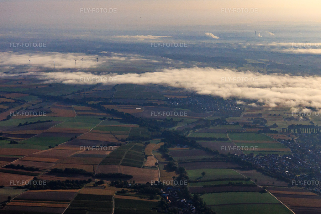 Luftbild: Morgendliche Wolken überm Viehstrich in Freckenfeld im Bundesland Rheinland-Pfalz in Deutschland. Foto: IMG_139251.jpg vom 01.10.2023 durch Werner Riehm/FLY-FOTO.de