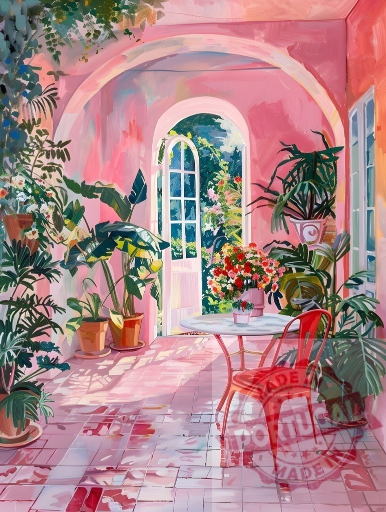 Pink patio with potted plants and garden view | Pink patio with lush potted plants, table, red chair, and sunny garden visible through an archway - Realisiert mit Pictrs.com