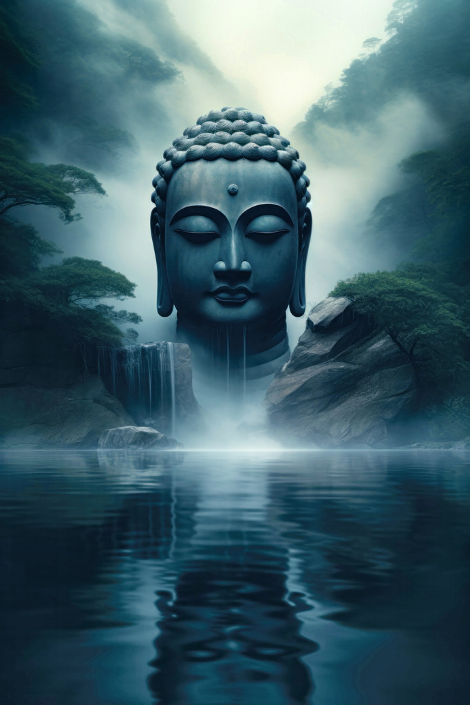 2309015 - Buddha am See | Digitales Kunstwerk einer gigantischen Buddhastatue an einem stillen See.
